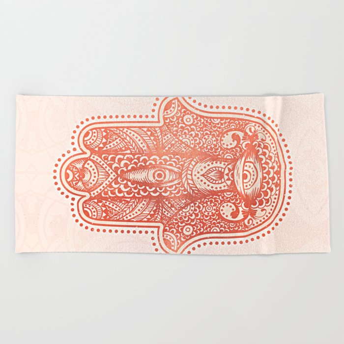 Happiness Hamsa Hand Metallic Rose Gold Beige Beach Towel