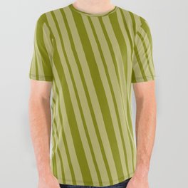[ Thumbnail: Green & Dark Khaki Colored Lines/Stripes Pattern All Over Graphic Tee ]