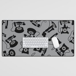 Black Vintage Rotary Dial Telephone Pattern on Silver Grey Desk Mat