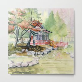 Japanese Garden Metal Print | Landscape, Pond, Watercolor, Panorama, Painting, Japan, Tea, Temple, Japanese, Eastern 