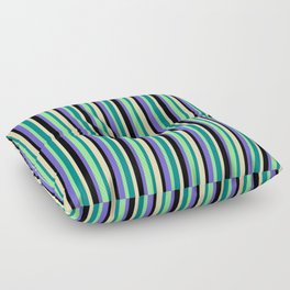 [ Thumbnail: Eye-catching Slate Blue, Black, Tan, Teal & Light Green Colored Stripes/Lines Pattern Floor Pillow ]