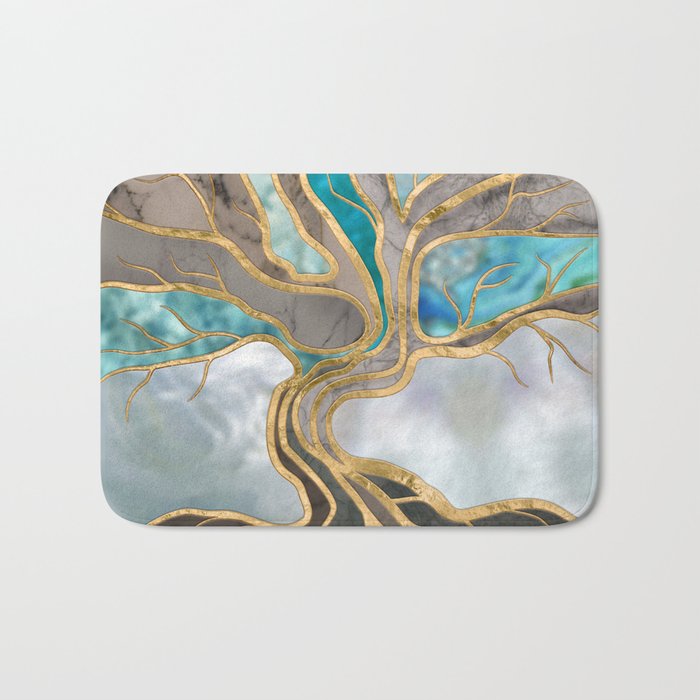 Taupe and teal Marble Tree of life Bath Mat