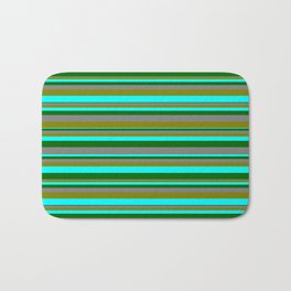 [ Thumbnail: Grey, Green, Aqua & Dark Green Colored Stripes/Lines Pattern Bath Mat ]