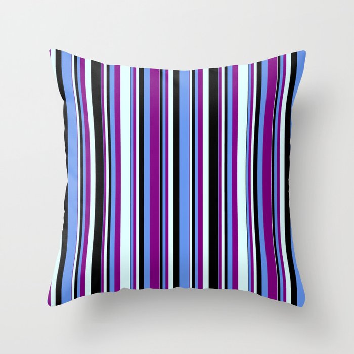 Cornflower Blue, Purple, Light Cyan, and Black Colored Stripes Pattern Throw Pillow