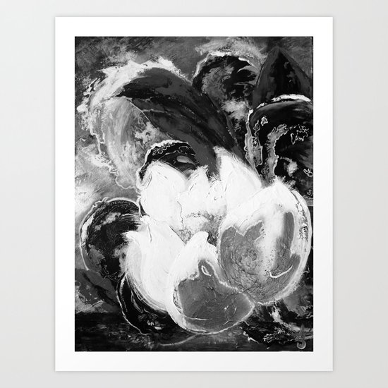 Purple Peonies in Gold with Red - Black and White Art Print