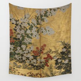 Red White Chrysanthemums Vintage Floral Japanese Gold Leaf Screen Wall Tapestry