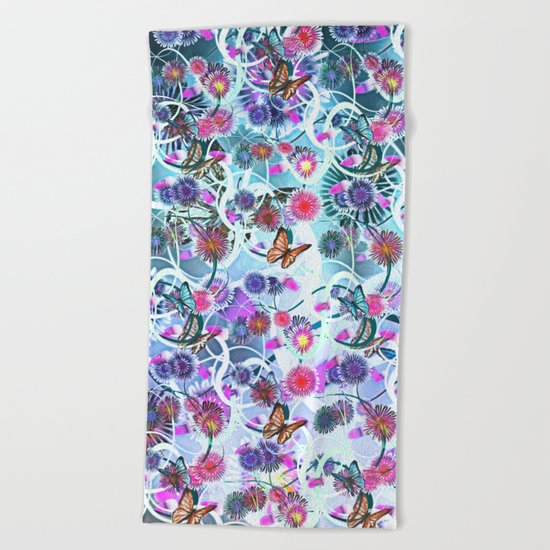Dahlias And Vines Pattern Beach Towel