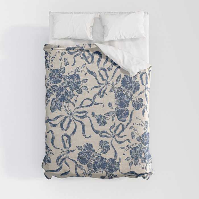 Chic Modern Vintage Ivory Navy Blue Floral Pattern Duvet Cover