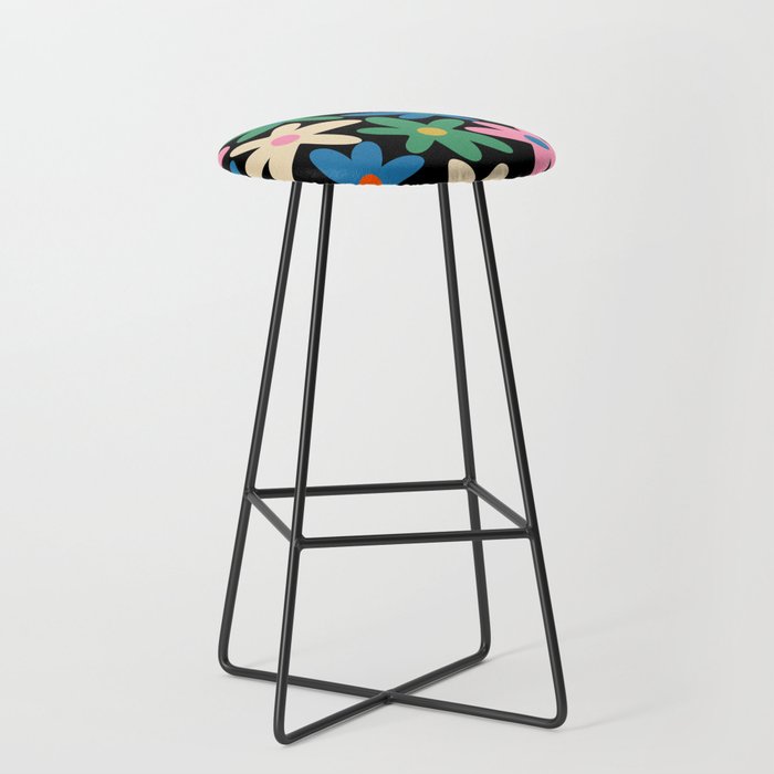 Daisy Time Colorful Retro Floral Pattern on Black Bar Stool