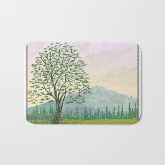 OREGON ASH TREE IN SPRINGTIME VINTAGE PENCIL COLOR DRAWING Bath Mat