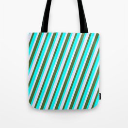 [ Thumbnail: Lavender, Dark Olive Green, and Cyan Colored Lines Pattern Tote Bag ]