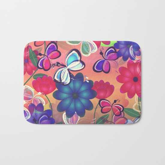 Abstract Butterflies with Flowers (Vintage Orange) Bath Mat