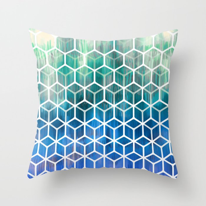 The Geometry of Bees and Boxes - cobalt blue, emerald green, mint & white Throw Pillow