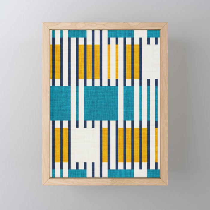 Bold minimalist retro stripes // midnight blue goldenrod yellow and teal blue geometric grid  Framed Mini Art Print