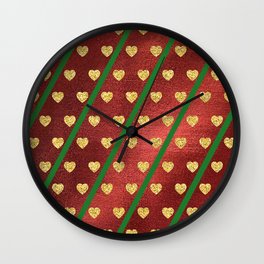 Gold Hearts on a Red Shiny Background with Green Diagonal Lines  Wall Clock