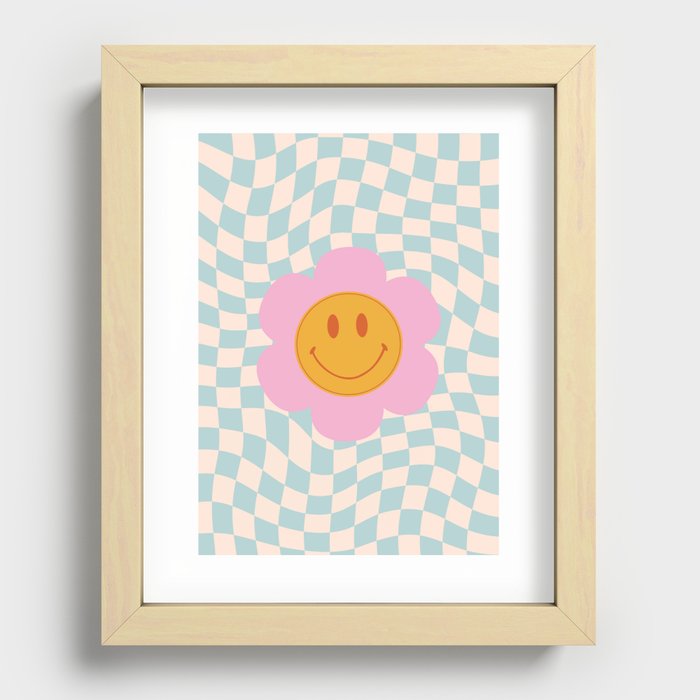 Smiley Flower Face on Pastel Warped Checkerboard Recessed Framed Print