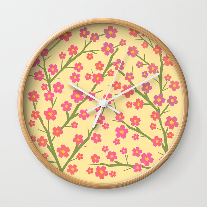 Blooming - coral on yellow 1 Wall Clock