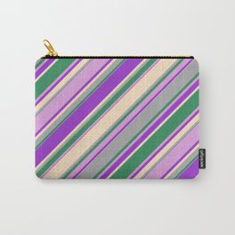 [ Thumbnail: Colorful Dark Orchid, Bisque, Dark Gray, Sea Green & Plum Colored Lines Pattern Carry-All Pouch ]