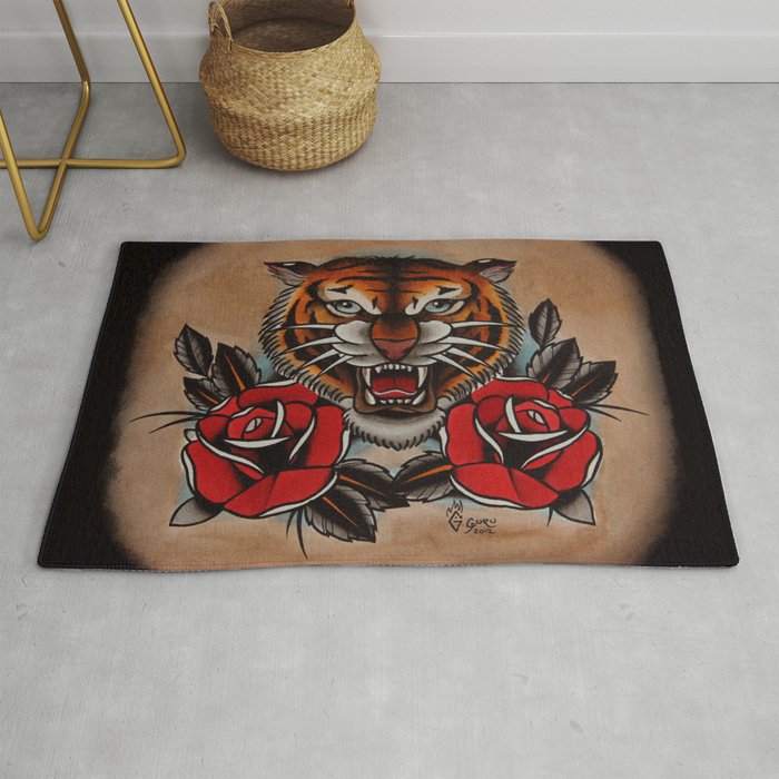 Uitsluiten Zenuwinzinking Kinematica Old School Tiger and roses - tattoo Rug by Guru | Society6