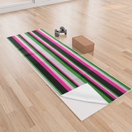 [ Thumbnail: Forest Green, Light Gray, Deep Pink, and Black Colored Stripes Pattern Yoga Towel ]