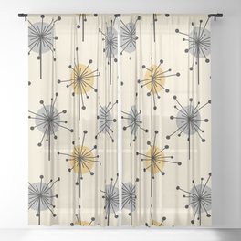 Midcentury Sputnik Starburst Flowers Yellow Gray Sheer Curtain