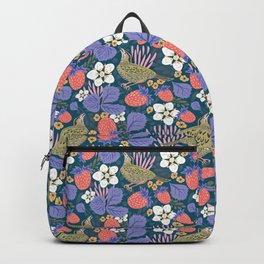 Strawberry Meadow Backpack | Handdrawn, Wildlifeadventure, Digital, Naturalist, Birdwrensparrow, Pattern, Meadow, Strawberriesfruit, Natureleavesplants, Birdcall 