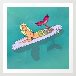 Surfing Mermaid | Surfer Girl on Board Art Print