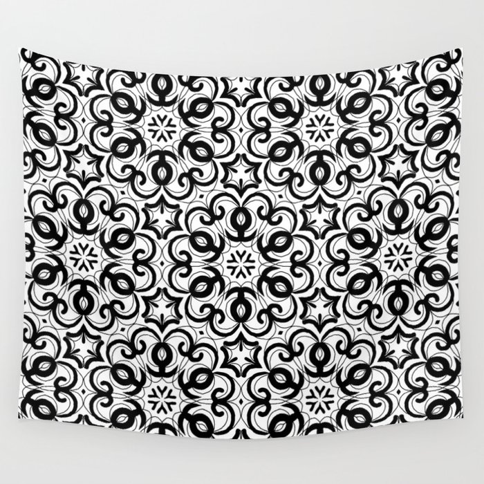 Black And White Floral Doodle Pattern Wall Tapestry