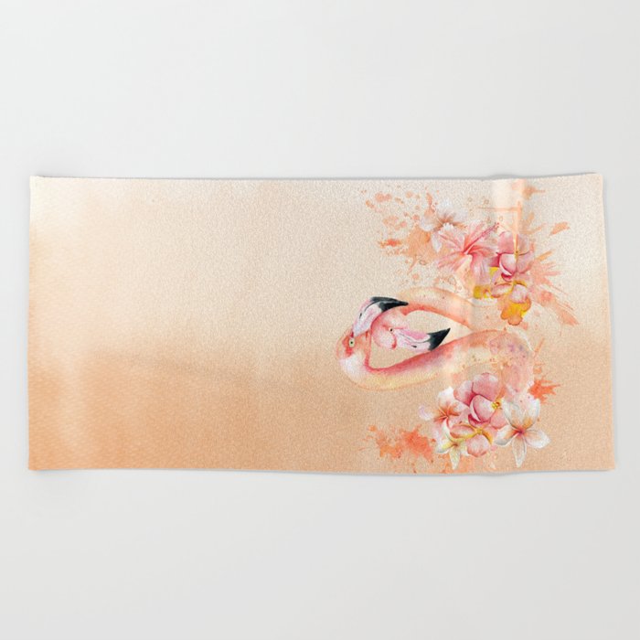 Tropical Birds- Flamingo In LOVE with exotic flowers Beach Towel