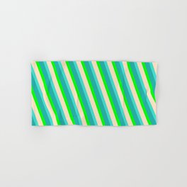 [ Thumbnail: Turquoise, Light Sea Green, Lime & Bisque Colored Stripes/Lines Pattern Hand & Bath Towel ]