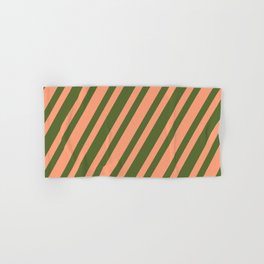 [ Thumbnail: Dark Olive Green & Light Salmon Colored Lines Pattern Hand & Bath Towel ]
