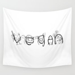 VEGAN drawing (rooster/cow/pig/chick/bunny), prints/clothing/wall tapestry/coffee mug/home decor Wall Tapestry