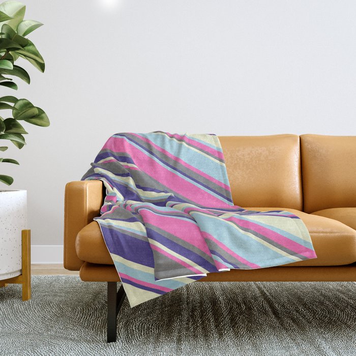 Colorful Hot Pink, Gray, Dark Slate Blue, Light Yellow, and Light Blue Colored Stripes/Lines Pattern Throw Blanket