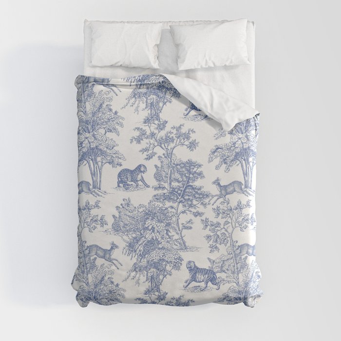 Toile de Jouy Vintage French Exotic Jungle Forest Navy Blue & White Duvet Cover