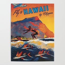 Hawaii Surfing, Diamondhead, World Airways Vintage Travel Poster Poster