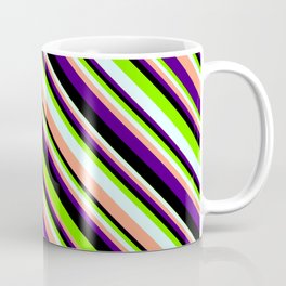 [ Thumbnail: Green, Light Cyan, Light Salmon, Indigo, and Black Colored Lined Pattern Coffee Mug ]