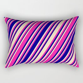[ Thumbnail: Deep Pink, Blue, and Tan Colored Stripes/Lines Pattern Rectangular Pillow ]