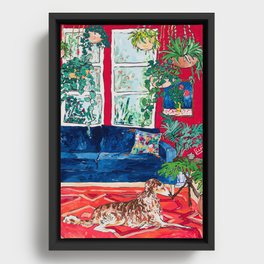 Red Interior with Borzoi Dog and House Plants Painting Framed Canvas