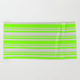 [ Thumbnail: Green & Light Grey Colored Lined Pattern Beach Towel ]