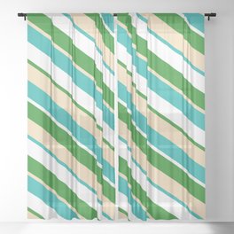 [ Thumbnail: Forest Green, Tan, Light Sea Green & White Colored Stripes/Lines Pattern Sheer Curtain ]