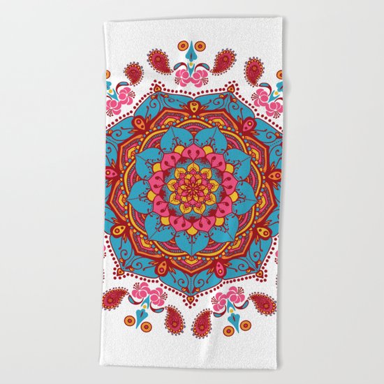 Colourful Indian Flower Patterned Mandala Red Pink & Blue Beach Towel