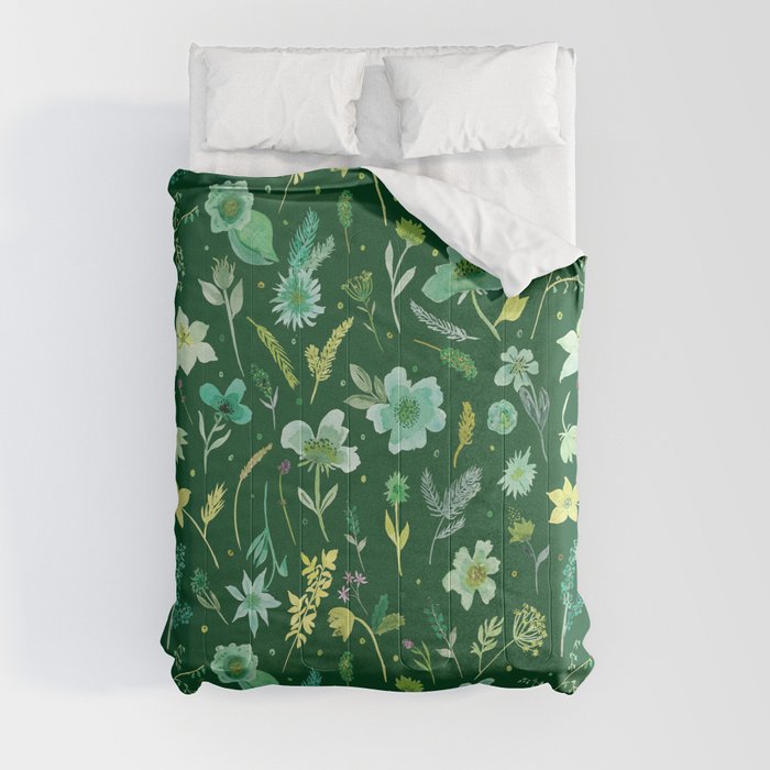 Verdant Flowers on Dark Green Background Comforter
