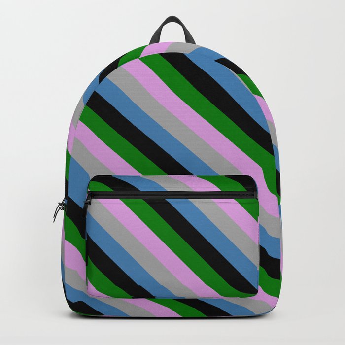 Vibrant Plum, Dark Grey, Blue, Black & Green Colored Stripes Pattern Backpack