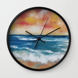 Colourful Seascape, Magical Clouds, Waves, Sandy Beach, oil painting by Luna Smith Wall Clock