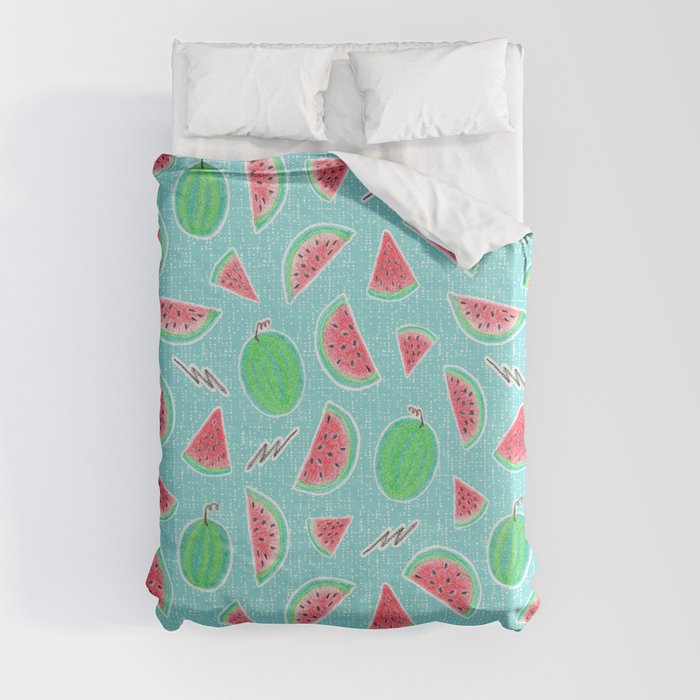 Watermelons Play Hand-drawn crayons on textured teal Duvet Cover