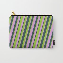 [ Thumbnail: Plum, Dark Slate Gray, and Green Colored Lines Pattern Carry-All Pouch ]