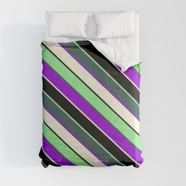 [ Thumbnail: Vibrant Light Green, Dark Slate Gray, Dark Violet, Beige, and Black Colored Lined/Striped Pattern Comforter ]