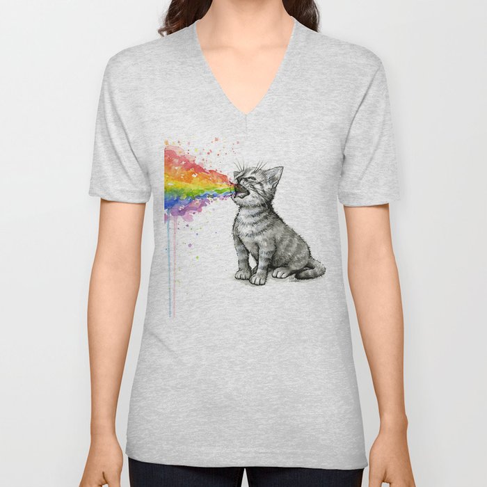 Kitten Puking Rainbow V Neck T Shirt