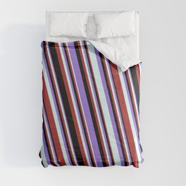 [ Thumbnail: Purple, Light Cyan, Brown, and Black Colored Striped/Lined Pattern Comforter ]