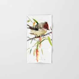 Beautiful Bird artwork, Yuhina Bird, Olive green Brown bird art Hand & Bath Towel